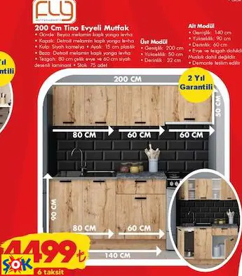 FLY 200 CM TİNO EVYELİ MUTFAK DOLABI
